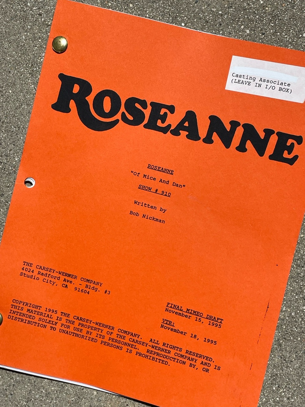 Roseanne Vtg 1995 Production Used Final Mimeo Draft Script Of Mice & Dan GALECKI